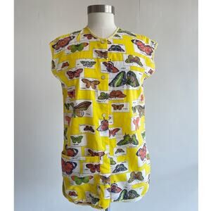 Vtg 60s Yellow Butterfly Button Up Smock Top Sz S/M Tank Retro Monarch